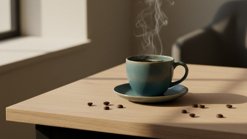 Steaming blue mug on a wooden table with scattered coffee beans.