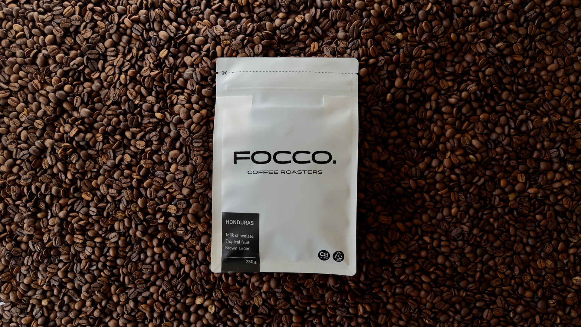 Focco Coffee Roasters package on a bed of coffee beans