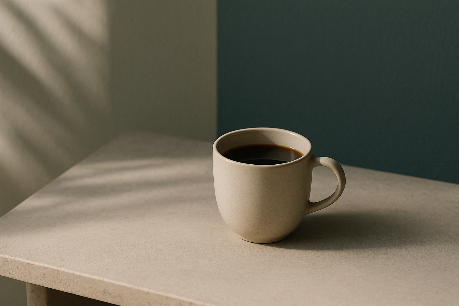 Beige mug with coffee on a light stone surface against a dark green wall