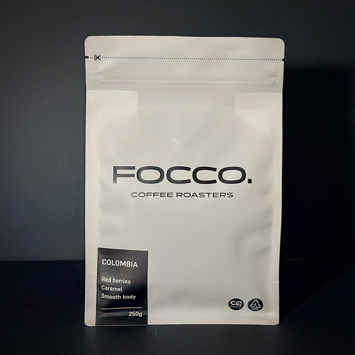 Focco Coffee Roasters coffee bag on a dark background
