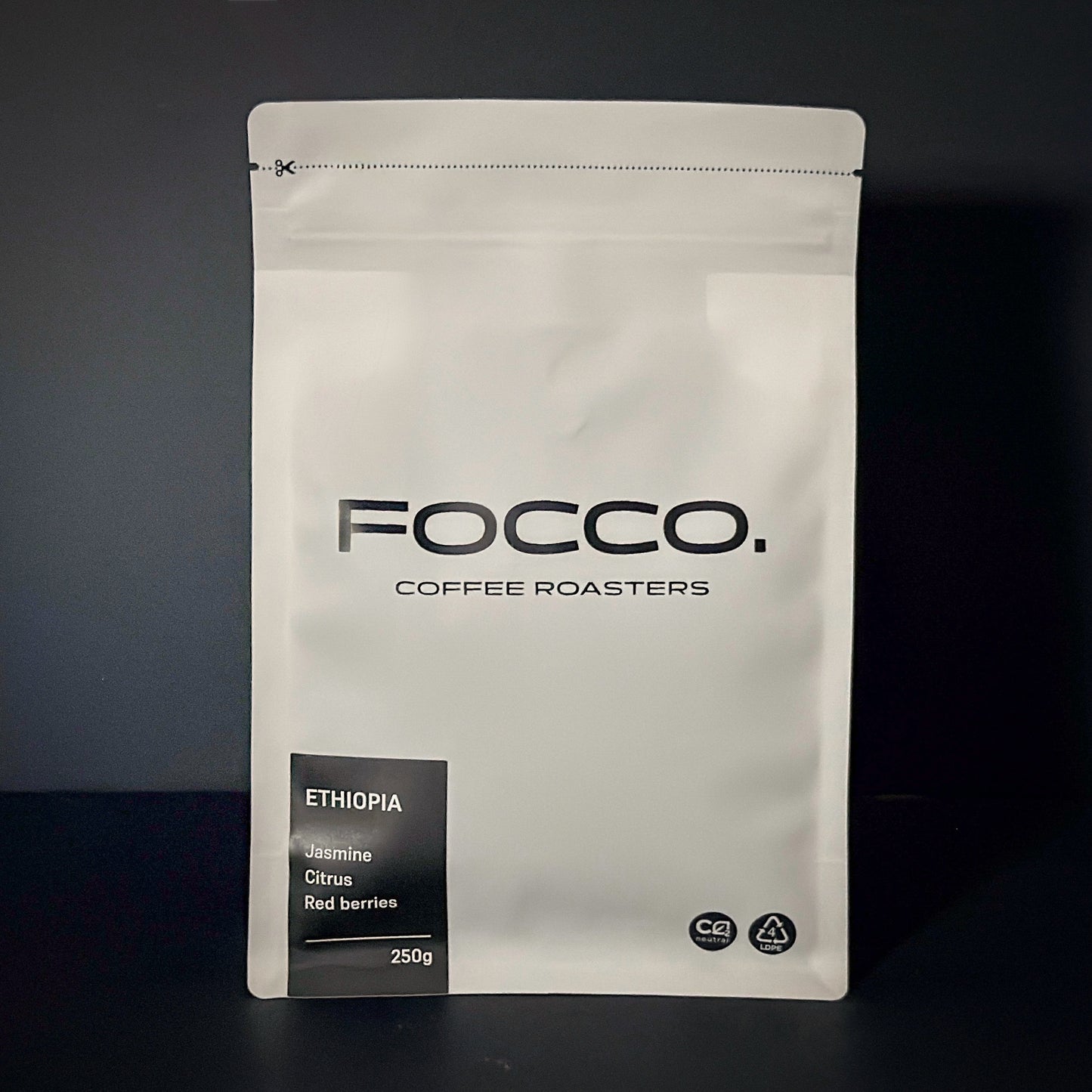 Focco Coffee Roasters coffee bag on a dark background