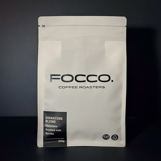 Coffee bag from Focco Coffee Roasters on a dark background